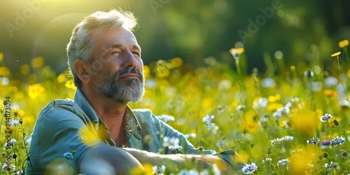 Middleaged man embraces sun in field of wildflowers conquering fears with gratitude. Concept Nature, Self-discovery, Overcoming Fears, Gratitude, Middle-aged Man photo