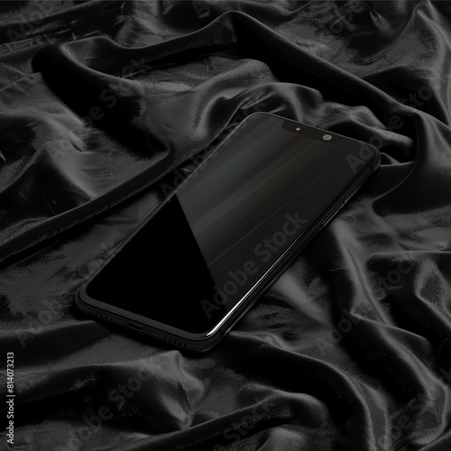Clean, matte black smartphone with a reflective screen on a dark velvet background, perfect for displaying UI/UX designs - for tech product mockups.