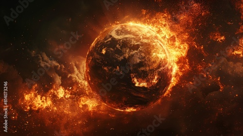 Burning Earth globe, end of the world, complete destruction of planet due to global warming, burning earth damage photo