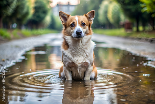 Humorous Sketch Dog Frown Puddle Theatrically Throwing Water photo