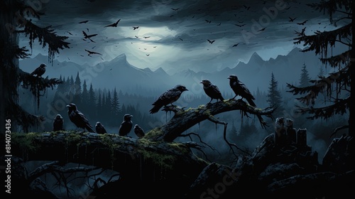 Illustration of many crows sitting on a tree branch in a dark forest, Halloween background with crows and scary forest.