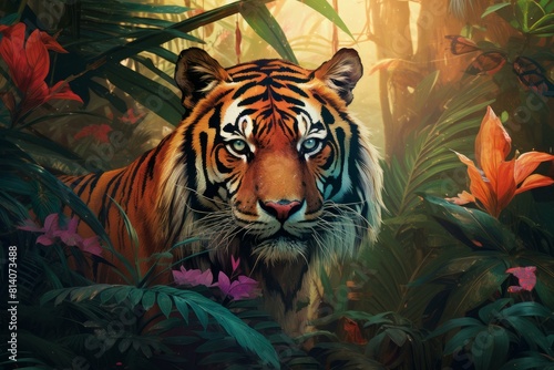 Majestic Tiger jungle aesthetic. Wildlife majestic predator in wild forest. Generate ai