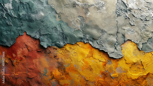 Yellow, orange, blue abstract design background. The color gradient. Painted old concrete wall with lagging plaster. Saturated tones, smooth color transitions. Graphic Art paint. Copy space. © Marina_Nov