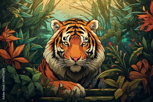 Vibrant illustration of a tiger surrounded by a dense  colorful jungle foliage