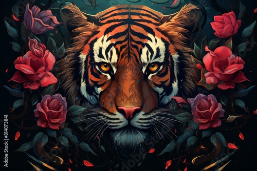 Striking Tiger head roses art. Forest beauty. Generate Ai