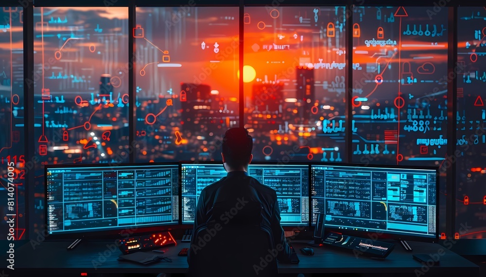 A young male sits in front of a large bank of computer monitors, looking out at a cityscape A young male sits in front of a large bank of computer monitors, looking out at a cityscape