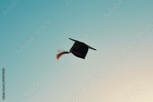 Celebration of Academic Achievement: Graduation Cap Soaring in Clear Sky