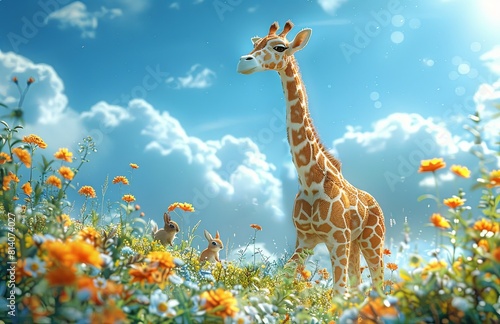 On lush grass  a charming giraffe extends its neck  offering playful rabbits and squirrels a slide