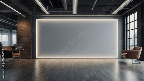 billboard on the wall, blank mockup frame on wall in modern office interior design in 3d style. illustration generative ai