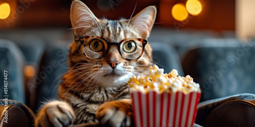 Cat watching movie with popcorn sitting in armchair