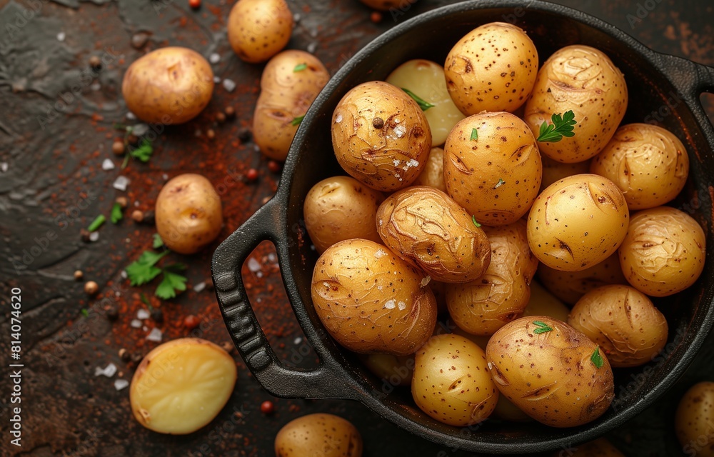Potatoes arranged in a pot on brown surface, showcasing soil and sliced pieces Potatoes arranged in a pot on brown surface, showcasing soil and sliced pieces