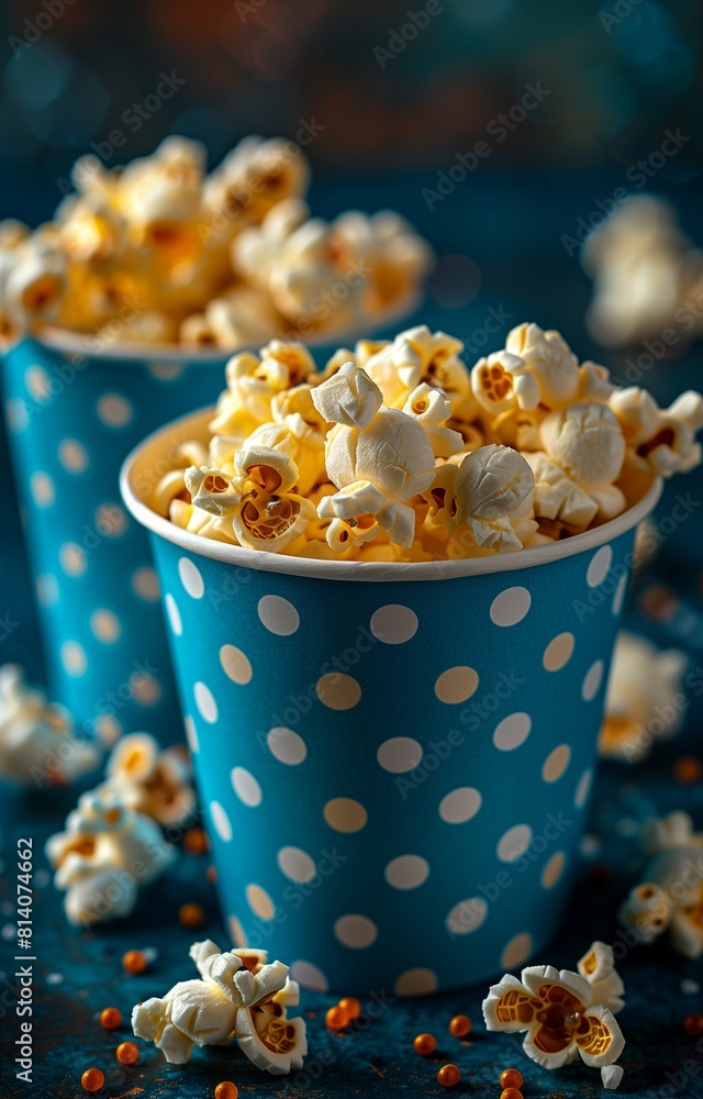 Two cups of popcorn on blue backdrop, offering ample space for your messages Two cups of popcorn on blue backdrop, offering ample space for your messages