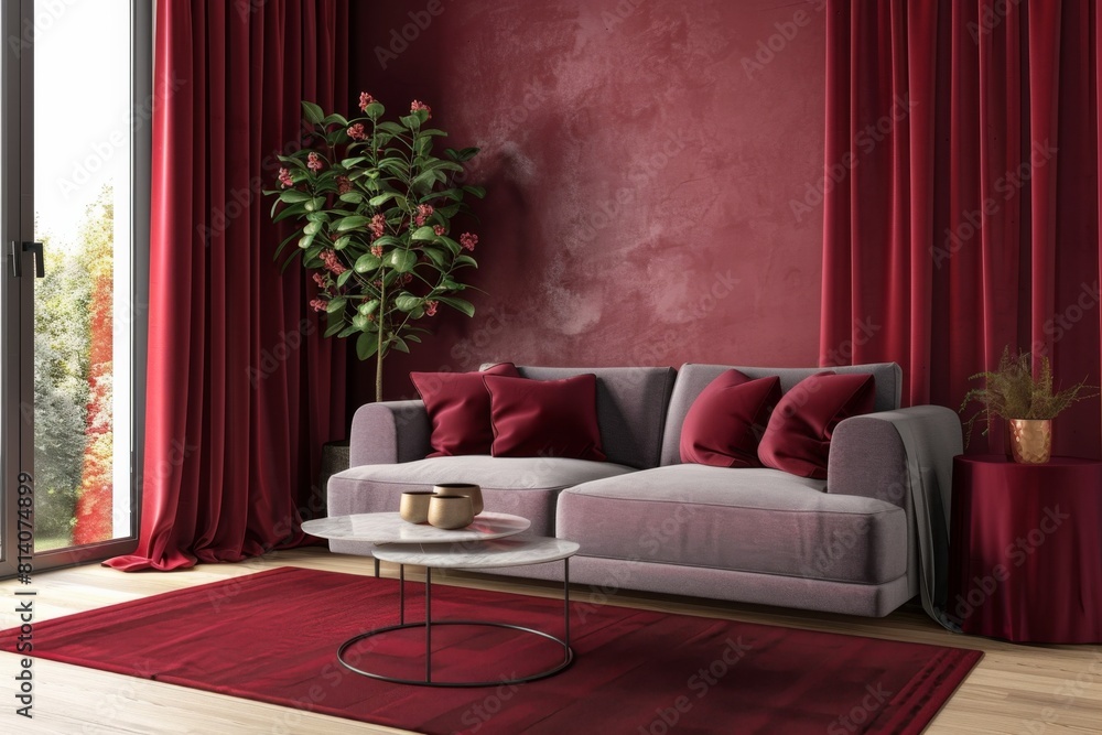 Obraz premium Modern Living Room with Vibrant Red Accents and Plush Sofa