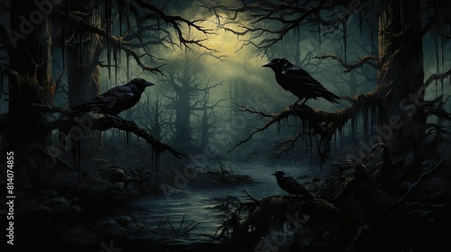 Illustration of many crows sitting on a tree branch in a dark forest, Halloween background with crows and full moon.