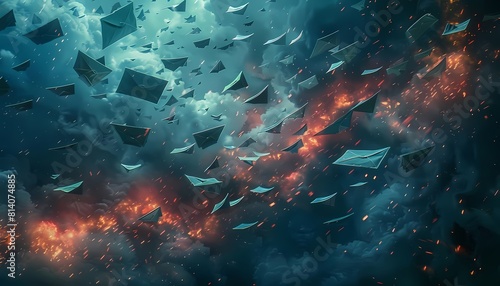 A storm of paper planes is caught in a fiery explosion. The planes are flying in all directions. The background is a dark, stormy sky. photo