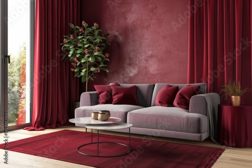 Modern Living Room with Vibrant Red Accents and Plush Sofa