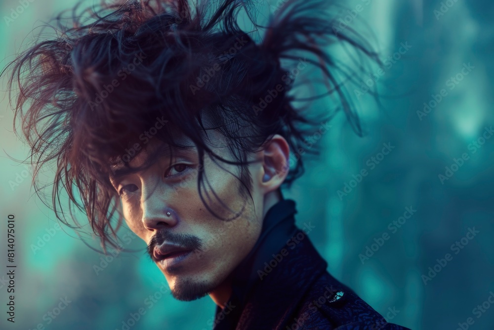 Edgy Male Model with Flowing Hair Against Urban Background