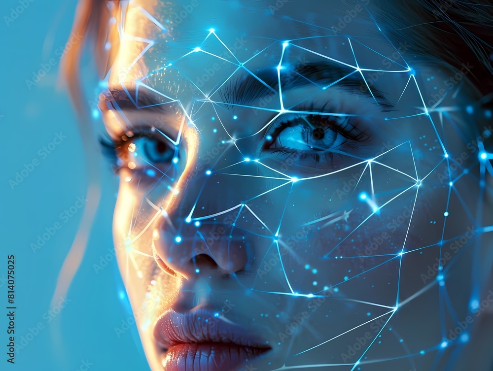 Enhance this image of a woman's face with glowing blue circuitry. Make her eyes appear to glow and enhance the futuristic and technological aspects of the image. Enhance this image of a woman's face with glowing blue circuitry. Make her eyes appear to glow and enhance the futuristic and technological aspects of the image.