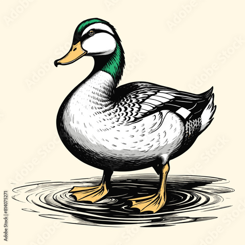  Hand drawn White Color Duck Engraved Illustration photo
