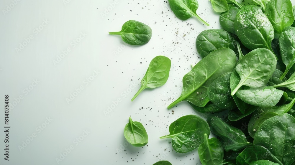 Obraz premium fresh spinach arranged on a light background, capturing the essence of minimalist modern style with ample space for accompanying text.