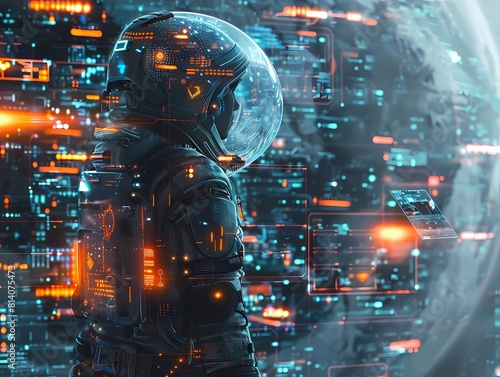 An astronaut in a futuristic spacesuit stands on a distant planet  looking out over a vast alien landscape