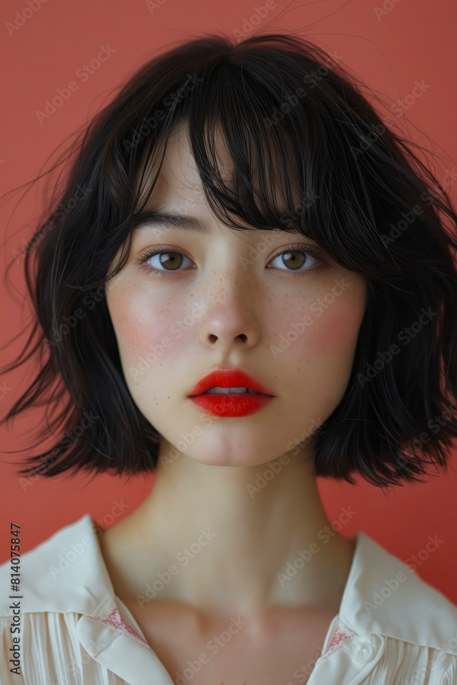 A woman with a red lipstick and short hair. A woman with a red lipstick and short hair.
