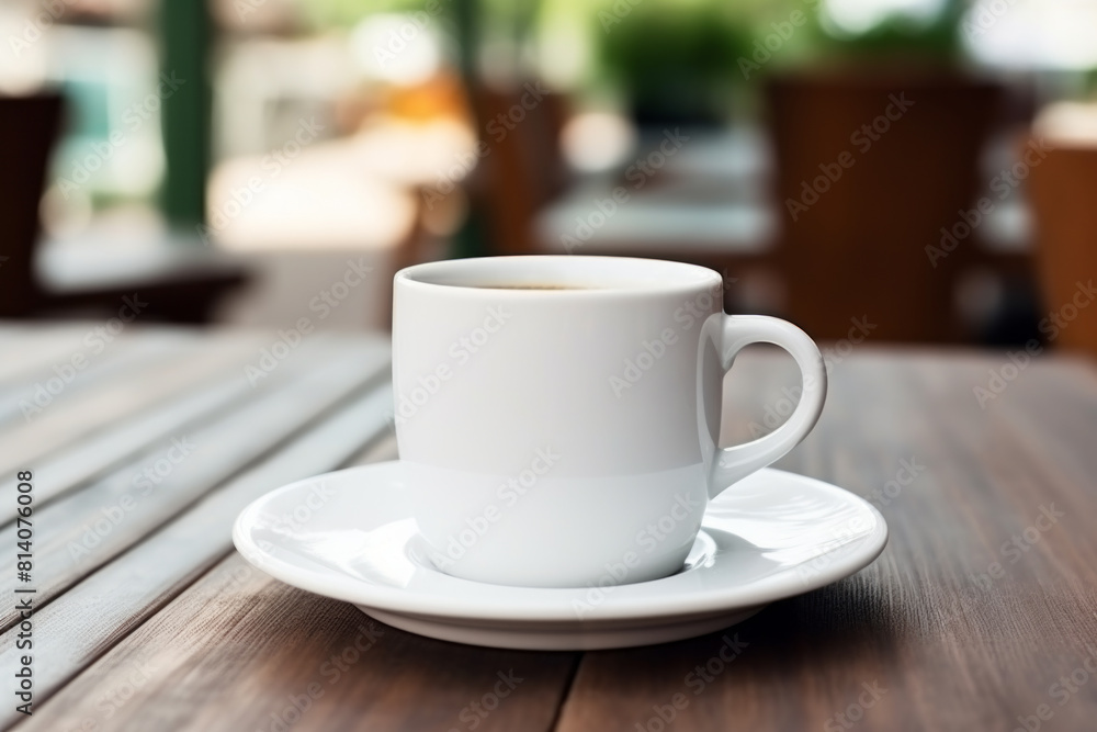 White blank cup of coffee standing on table in cafe outdoors terrace. Mockup White blank cup of coffee standing on table in cafe outdoors terrace. Mockup
