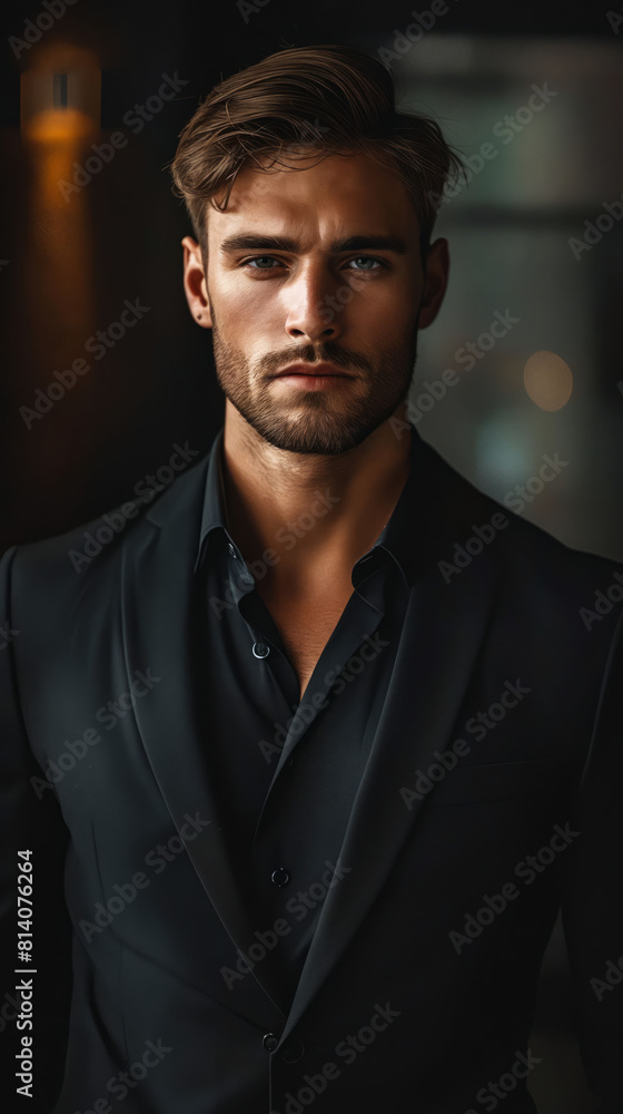 A man in a black suit and shirt. A man in a black suit and shirt.