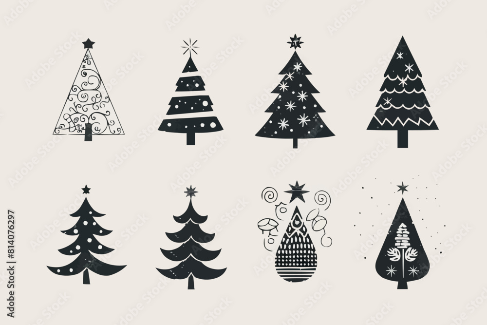 Collection set icons Christmas trees isolated on transparent background, Vector illustration, Festive Holiday, posters, cards or for web