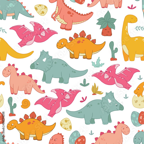 Dino seamless pattern for nursery decor  baby textile prints with cute hand drawn dinosaurs and plants. Good for wallpaper  scrapbooking  wrapping paper  etc. EPS 10