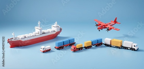 Conceptual representation of different types of global freight transportation as toys, types and ways of transporting goods and goods worldwide