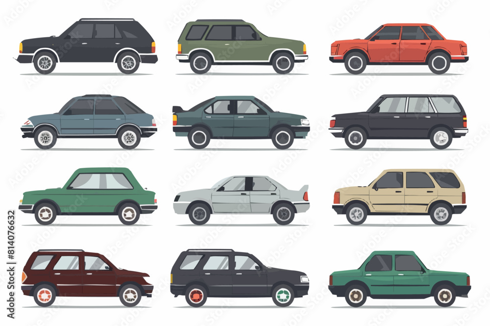 Set Of Flat Design Passenger Car Icons. Isolated Vector Illustration