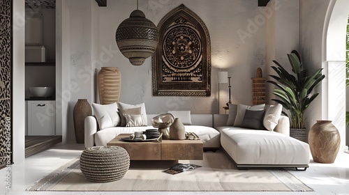 Exotic Moroccan design elements gracefully displayed on a white canvas, capturing the mystique and allure of the bustling souks of Marrakech. photo