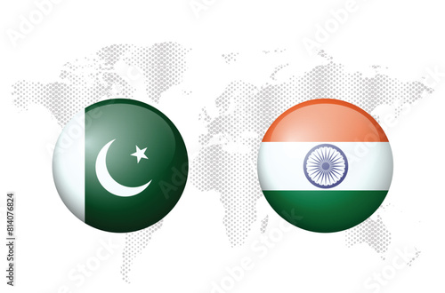 India and Pakistan vector illustration graphics template. India and Pakistan flags in a circle shape concept, on a grunge world map. EPS Editable File. photo