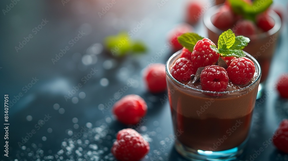 AI generated illustration of a chocolate dessert in a cup topped with raspberries AI generated illustration of a chocolate dessert in a cup topped with raspberries