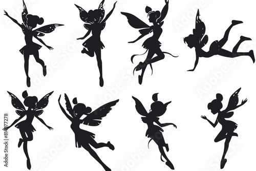 Cartoon magic fairy tale little fairies silhouettes. Magical little fairies girls flying with butterflies illustration set. Fantasy pixie creatures.