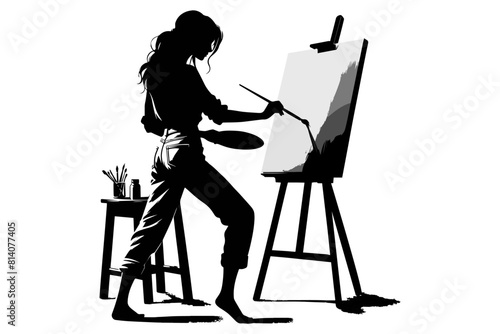 Silhouette of a female artist painting a canvas on an easel. vector illustration