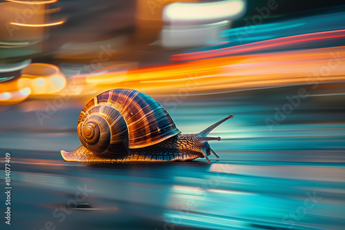 a speedy snail car racer symbolizes both speed and success, its blurred wheels in motion hinting at its swift progress towards victory.