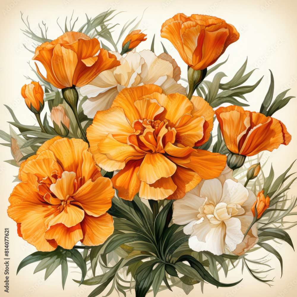 Watercolor Marigold Illustration, Generative Ai Watercolor Marigold Illustration, Generative Ai