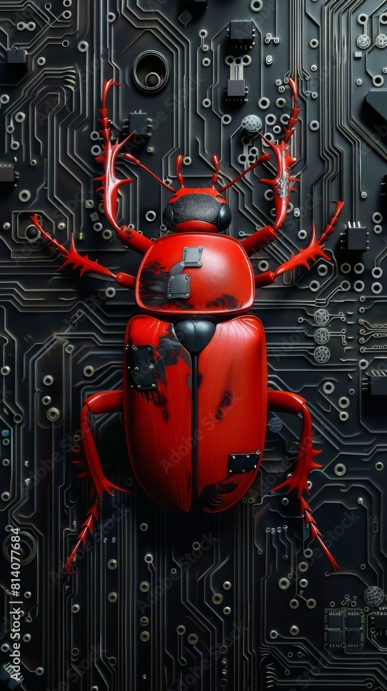 Fototapeta premium Red mechanical beetle on a circuit board