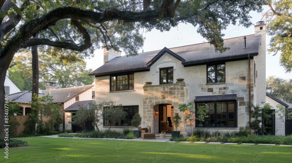 a cozy, modern European-style family home nestled amidst lush green grass in its yard, with a clean, neutral background highlighting the beauty of its natural surroundings. a cozy, modern European-style family home nestled amidst lush green grass in its yard, with a clean, neutral background highlighting the beauty of its natural surroundings.