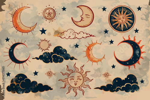 Hand drawn vector illustrations. Space elements. Cosmic doodle objects (planets, stars, moon, sun, constellation). 