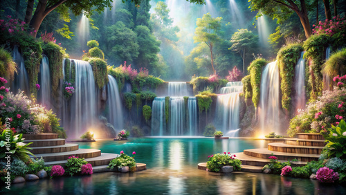 A dreamy stage arrangement with cascading waterfalls, soft mist, and a backdrop of tranquil lakes