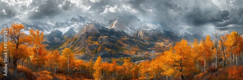 A panoramic view of the Rocky Mountains, showing larch trees in autumn colors with snow on top and dark storm clouds overhead. The mountains rise majestically against the backdrop of nature's grandeur