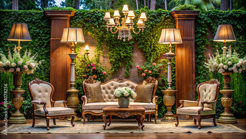 An elegant podium stage featuring vintage furniture, antique lamps, and a backdrop of lush gardens
