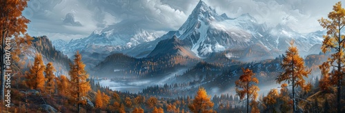 A panoramic view of the Mountains in fall with larch trees, dramatic clouds and snow on top of the mountains, highly detailed, high resolution, shot