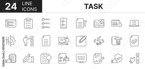 Collection of 24 task line icons featuring editable strokes. These outline icons depict various modes of task, plan, checklist, action, appointment,