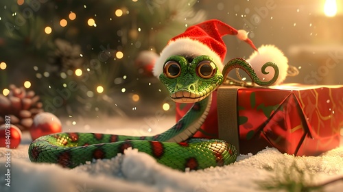Cheerful Christmas Snake with Santa Hat and Gifts