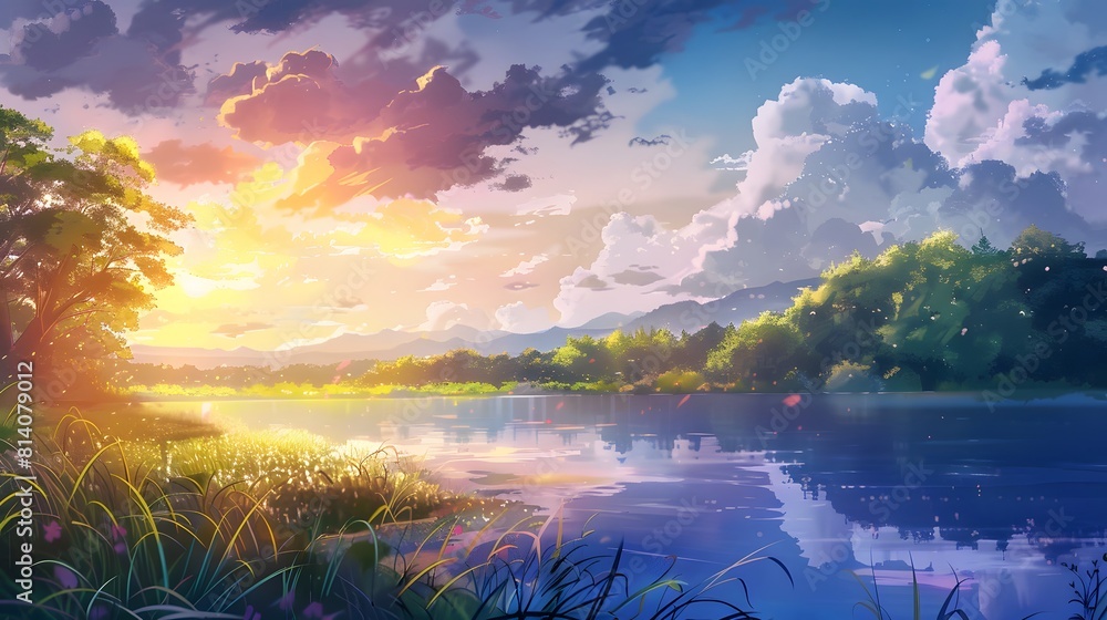 Enchanted Lakeside Sunset with Vibrant Cloudscape and Reflections