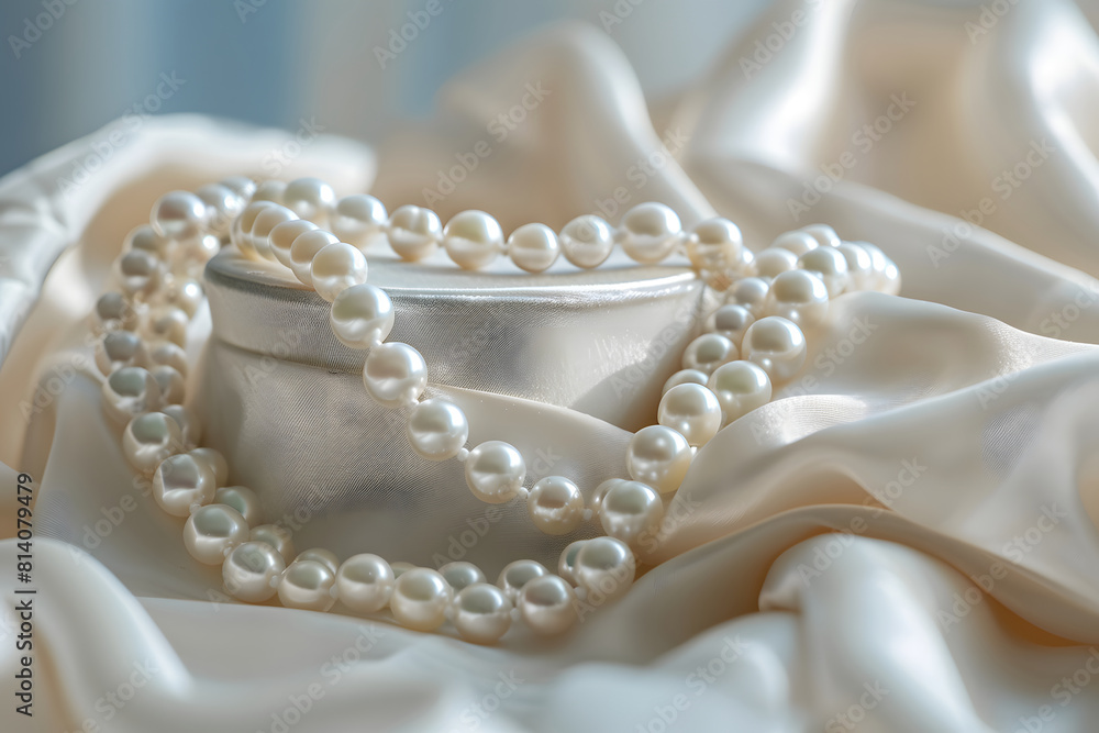 a dainty pearl necklace draped elegantly on a white velvet display stand, exuding grace and femininity a dainty pearl necklace draped elegantly on a white velvet display stand, exuding grace and femininity